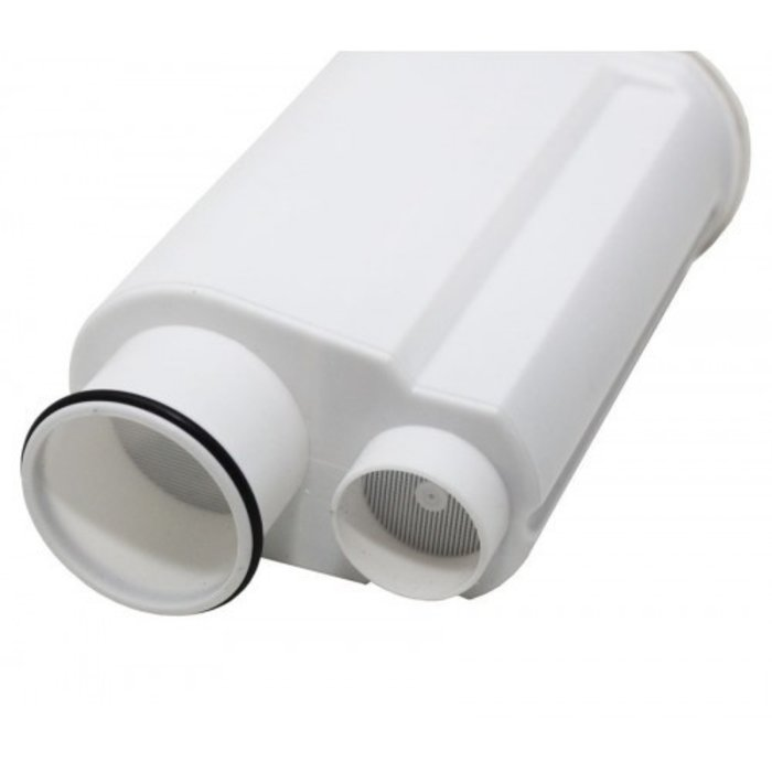 Een witte kunststof filterpatroon met twee cirkelvormige openingen van verschillende grootte op witte achtergrond.