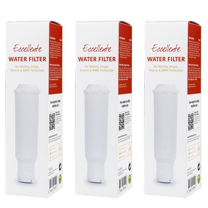 Drie identieke witte dozen met het label Eccellente waterfilter, met een afbeelding van het filter.