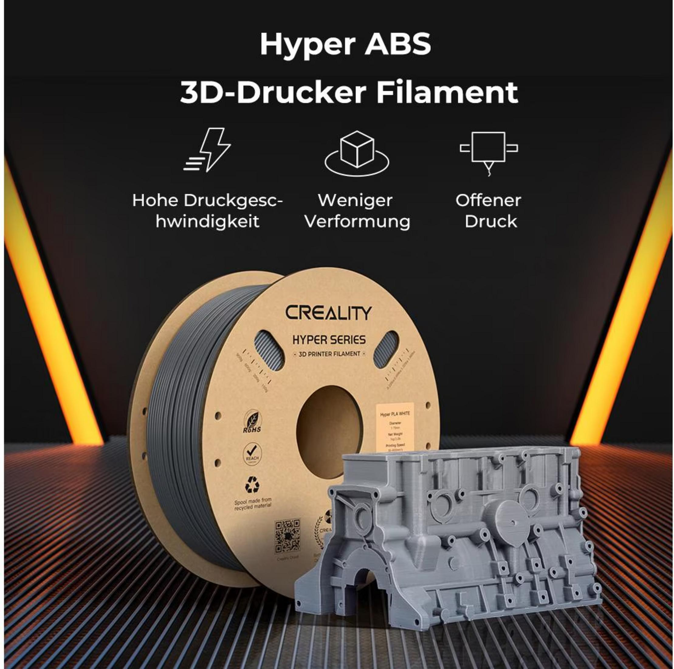 Bobina di filamento per stampante 3D Creality Hyper ABS con blocco motore stampato in ambientazione futuristica.