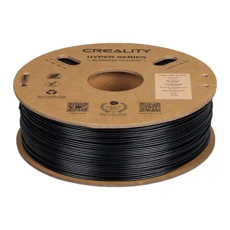 Una bobina di filamento nero per stampante 3D Creality Hyper Series su sfondo bianco.