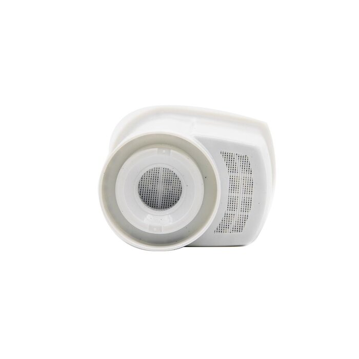 Un filtre en plastique blanc avec une ouverture circulaire et une grille fine sur fond blanc.