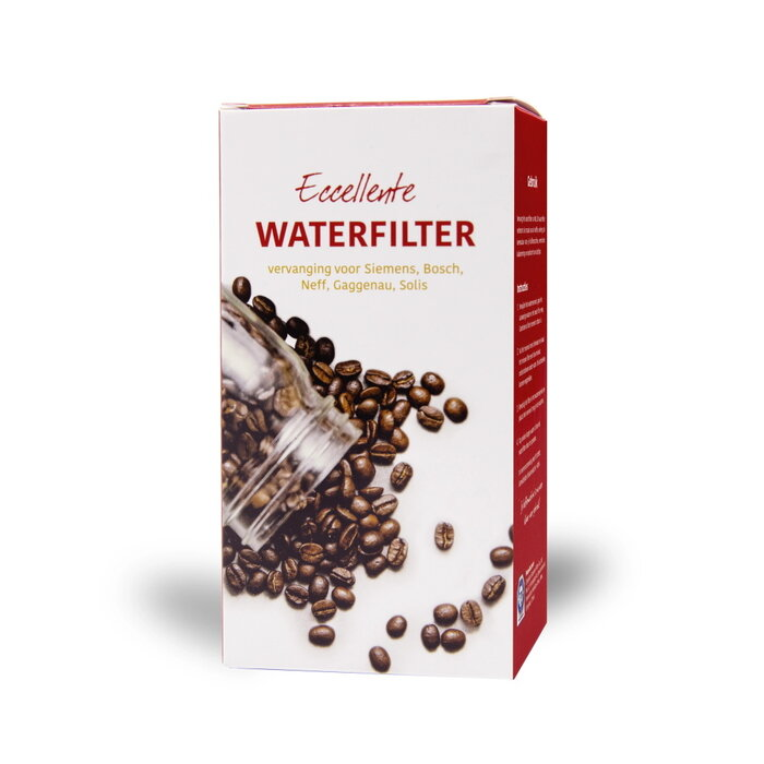 Une boîte blanche avec des bords rouges montre des grains de café et un pot, étiquetée Eccellente Waterfilter.