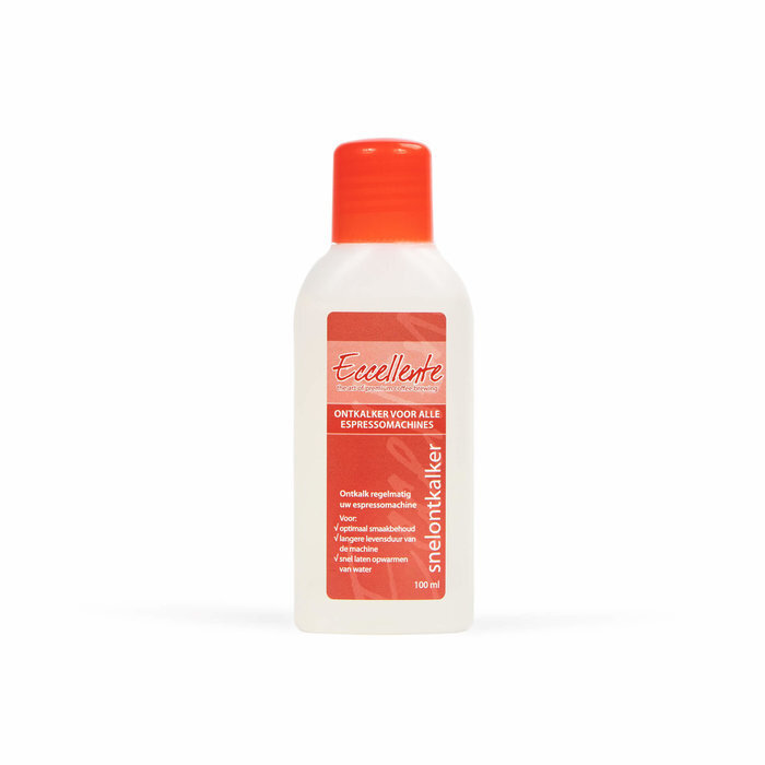 A small white bottle of Eccellente descaler with an orange cap and red label on a white background.