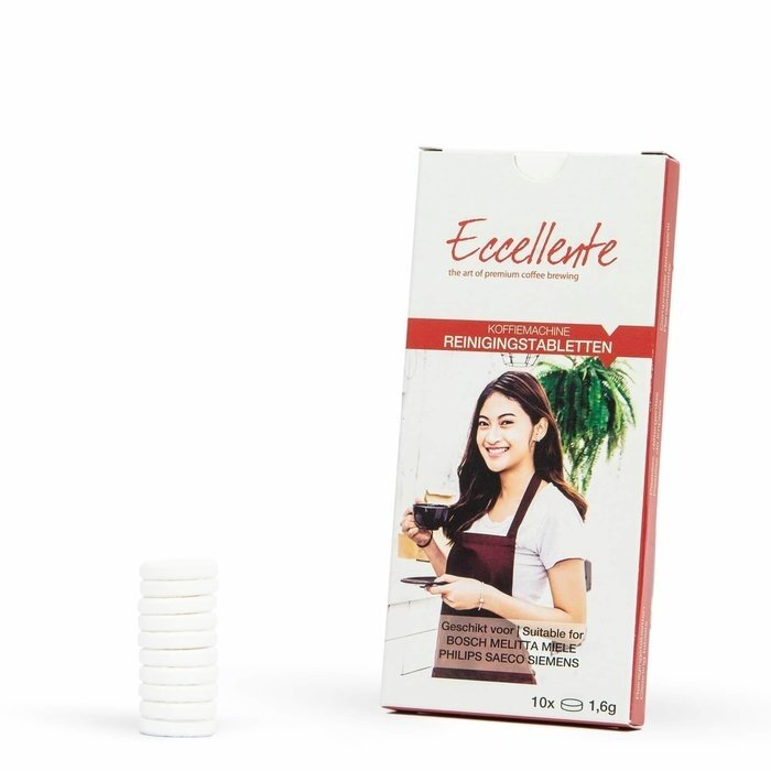 A box of Eccellente cleaning tablets and a small stack of white tablets in front.