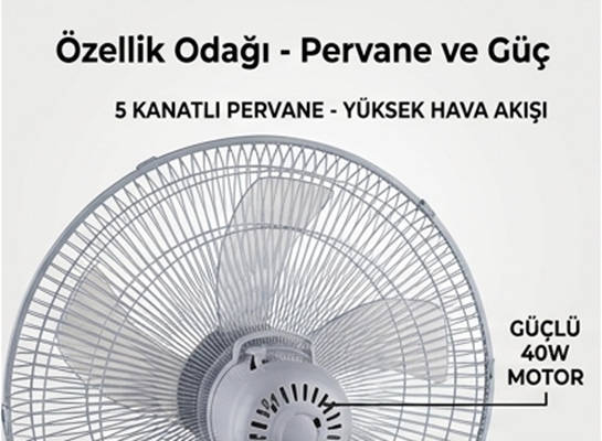 Yüksek hava akışı sağlayan 5 kanatlı ve 40W motorlu gri vantilatörün yakın plan görüntüsü.