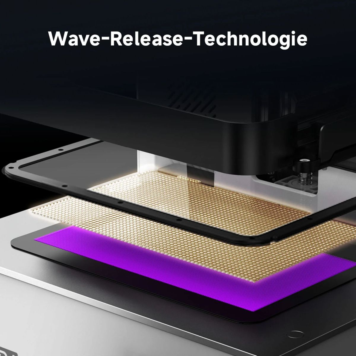 Schema della tecnologia Wave Release con piastre stratificate e illuminazione viola.