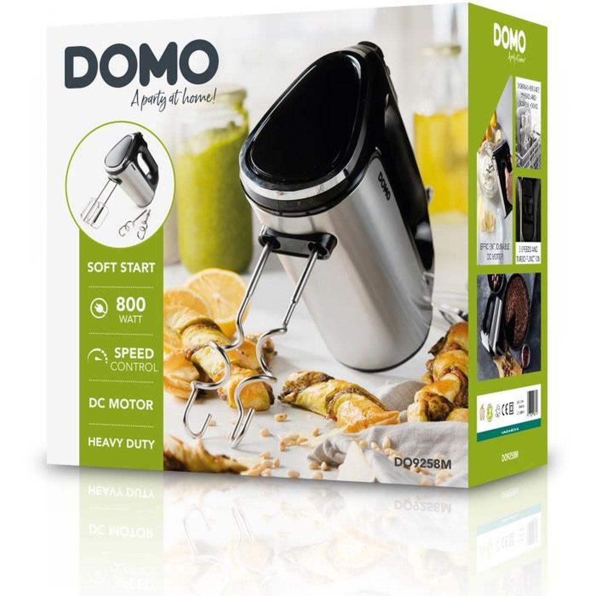 Scatola di imballaggio per un mixer a mano Domo argento e nero con ganci per impasto.