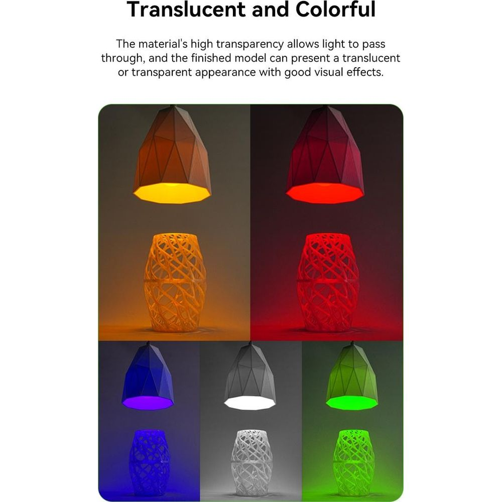 Modelli traslucidi e colorati mostrano lampade illuminate in giallo, rosso, blu, bianco e verde.