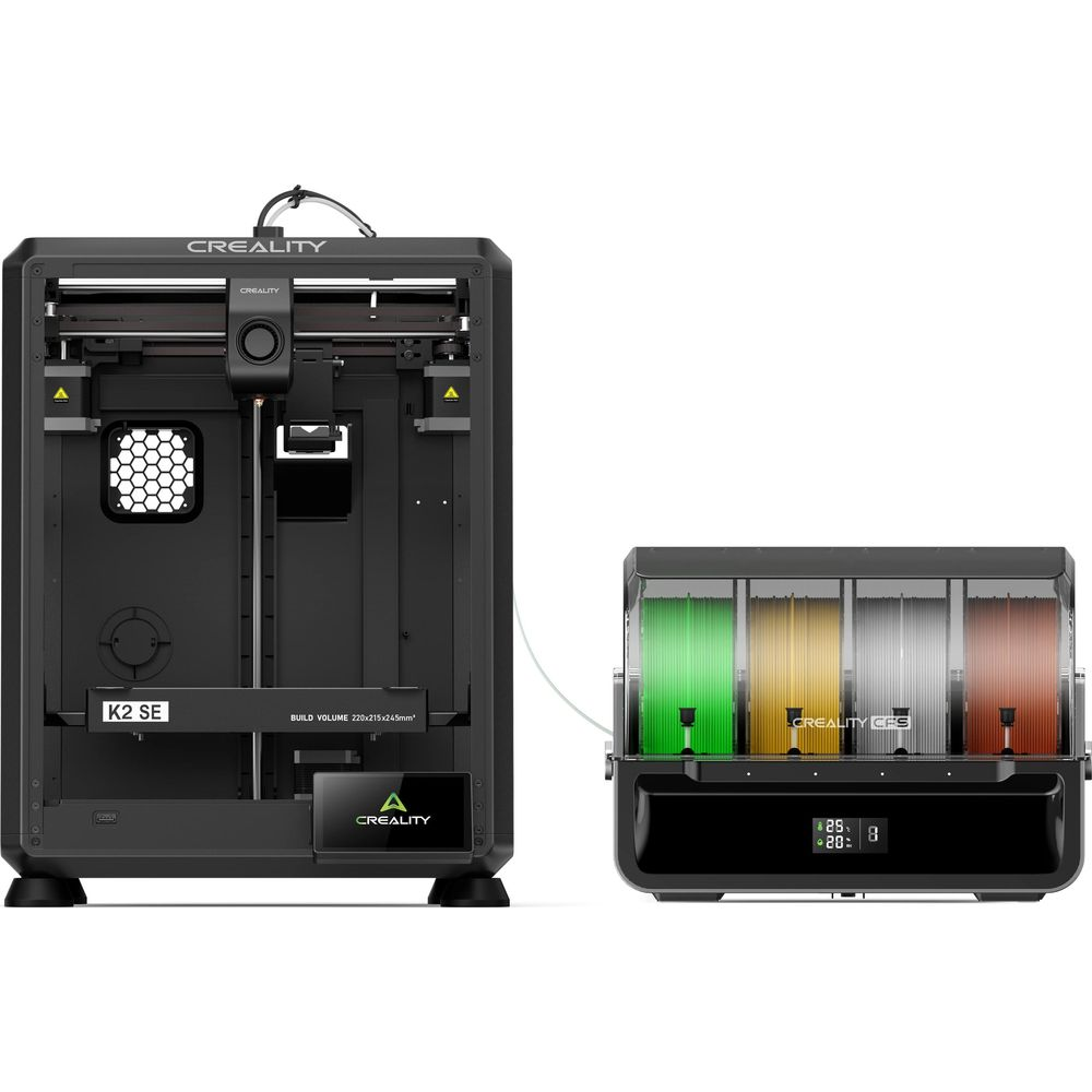 Una stampante 3D nera Creality K2 SE accanto a un box per filamenti con quattro rocchetti.