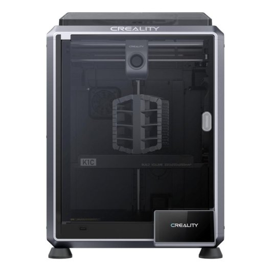 Vista frontale della stampante 3D chiusa Creality K1C con involucro scuro e display touch screen.