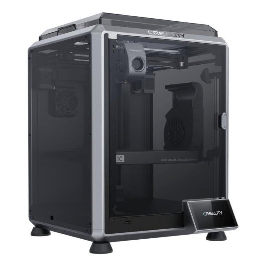 Moderna stampante 3D Creality con involucro chiuso, porta anteriore in vetro e schermo tattile.