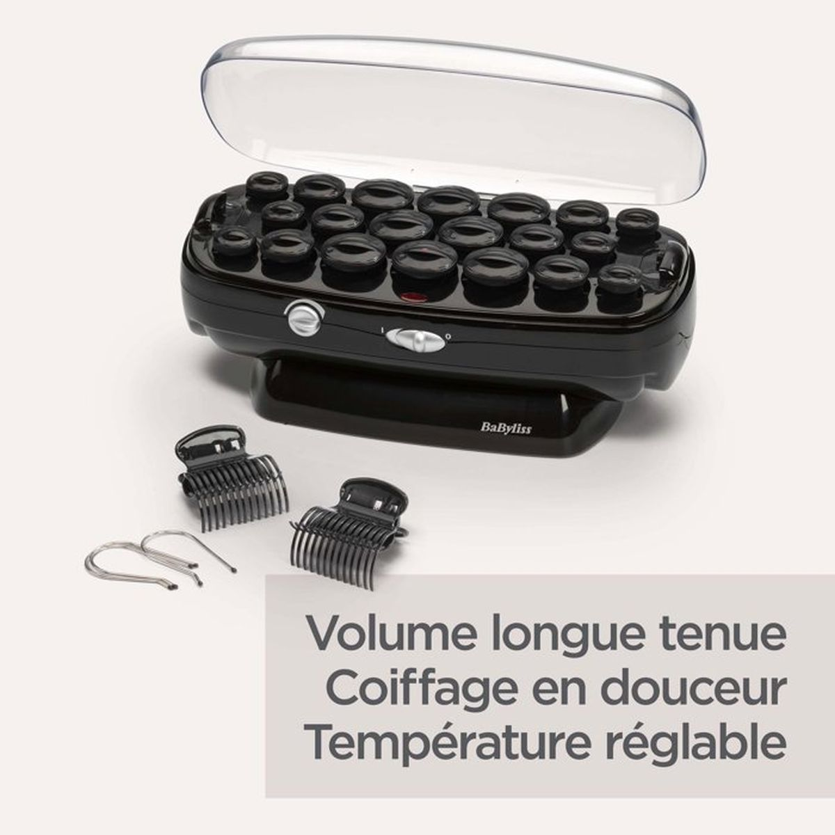 Set de rouleaux chauffants Babyliss noirs avec pinces sur fond clair.