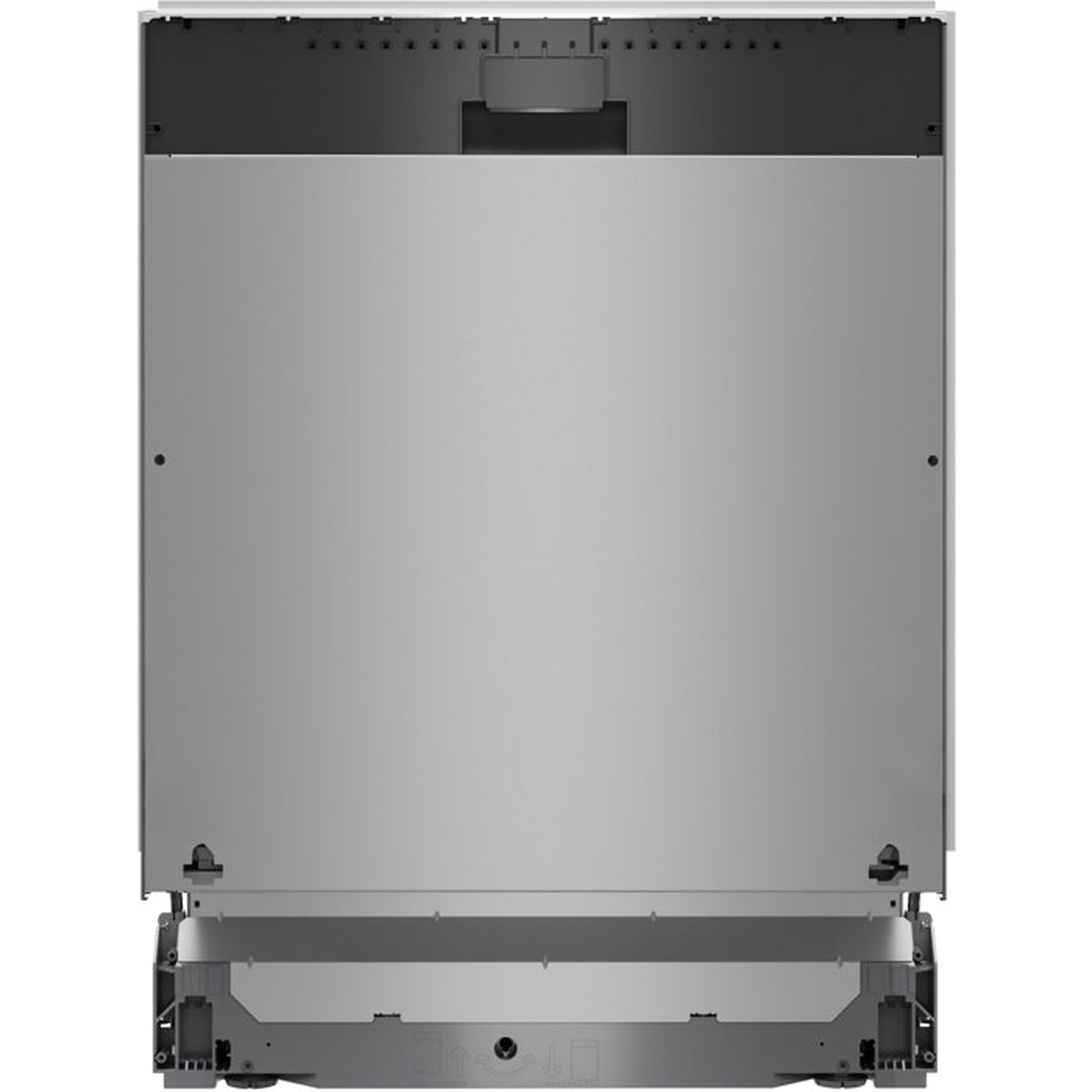 Parte inferior de un lavavajillas con frontal metálico plateado y panel de control oscuro.