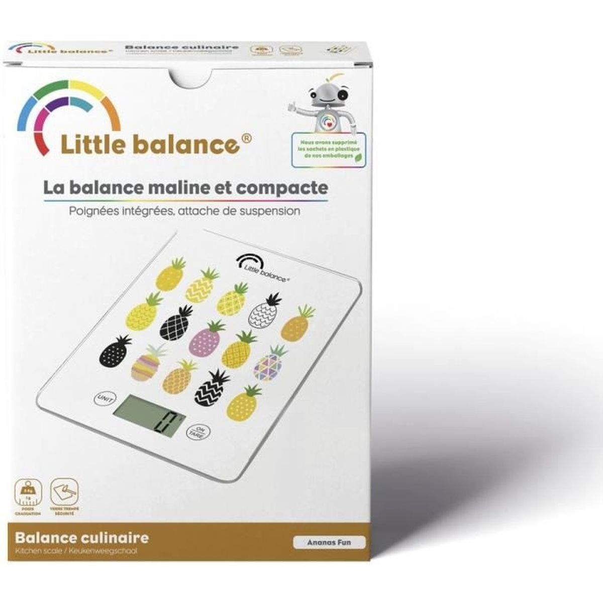 Confezione di una bilancia da cucina bianca con motivi di ananas colorati, logo del marchio e display digitale.