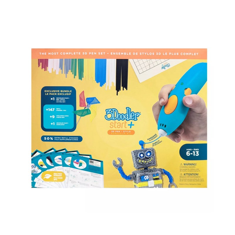 Confezione del kit penna 3D 3Doodler Start+ con una penna blu, filamenti di plastica colorati e un robot giocattolo.