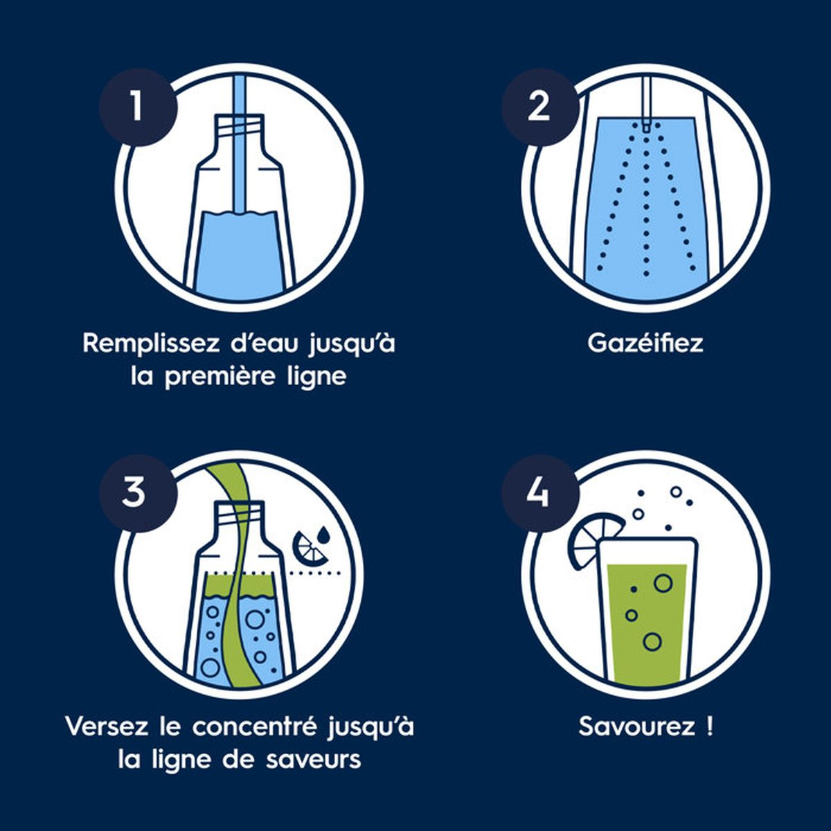 Guía gráfica de cuatro pasos sobre cómo llenar, carbonatar, saborizar y disfrutar una bebida.