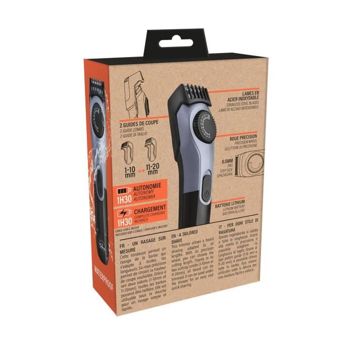 Kartonverpackung für einen schwarz-silbernen Bartschneider mit Produktdetails und Merkmalen.