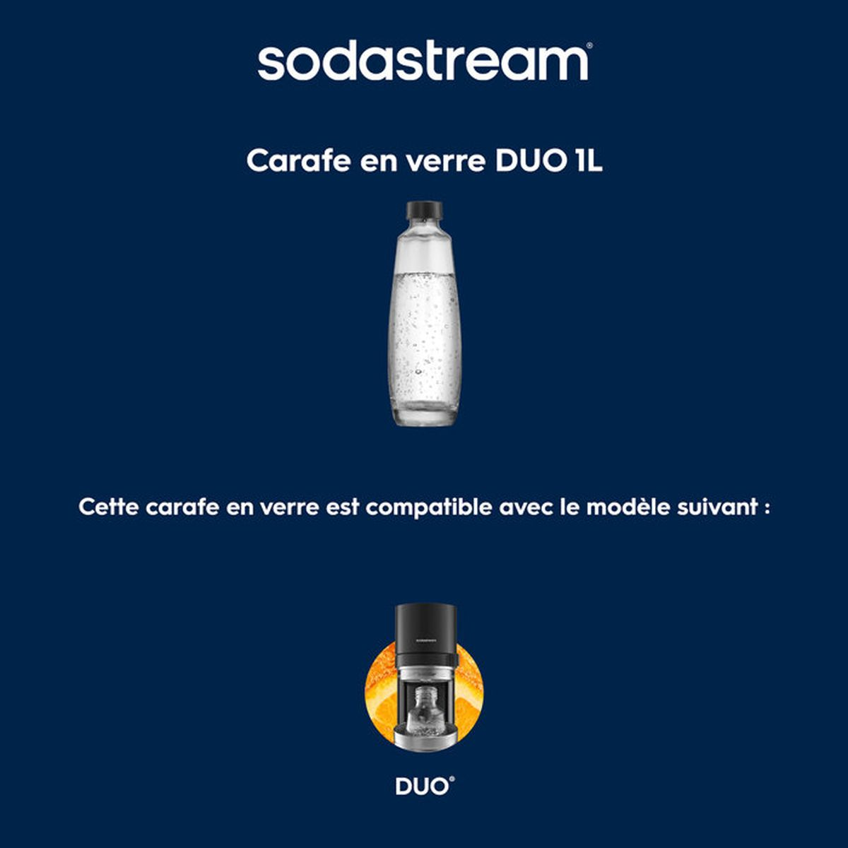 Carafe de vidrio Sodastream DUO 1L con máquina DUO compatible y fondo naranja sobre azul.