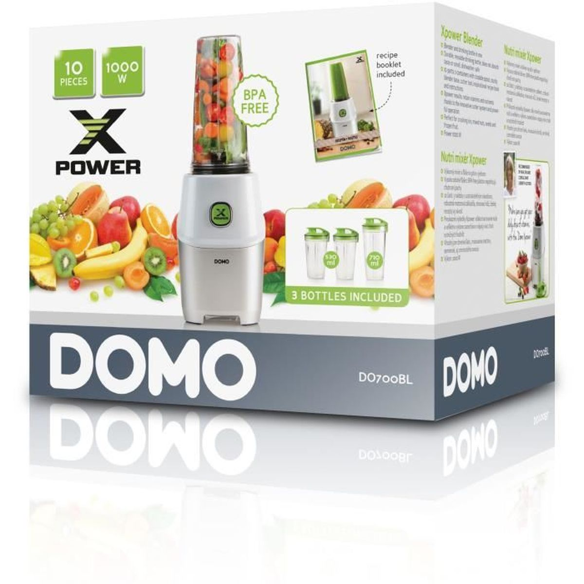 Embalaje de la batidora Domo X-Power con frutas variadas, accesorios incluidos y la marca.
