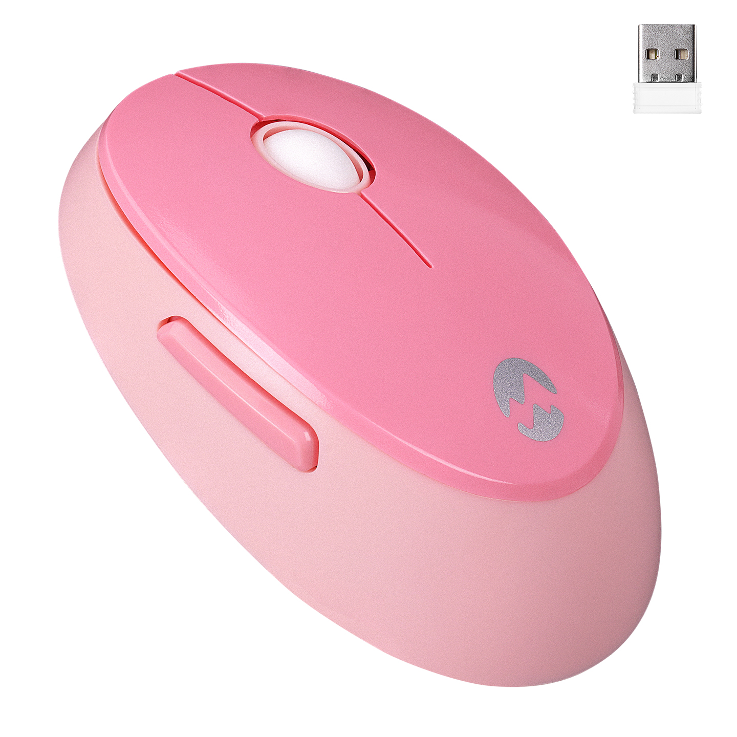 Beyaz arka planda beyaz kaydırma tekerleğine ve ayrı küçük USB alıcısına sahip pembe kablosuz bilgisayar faresi.