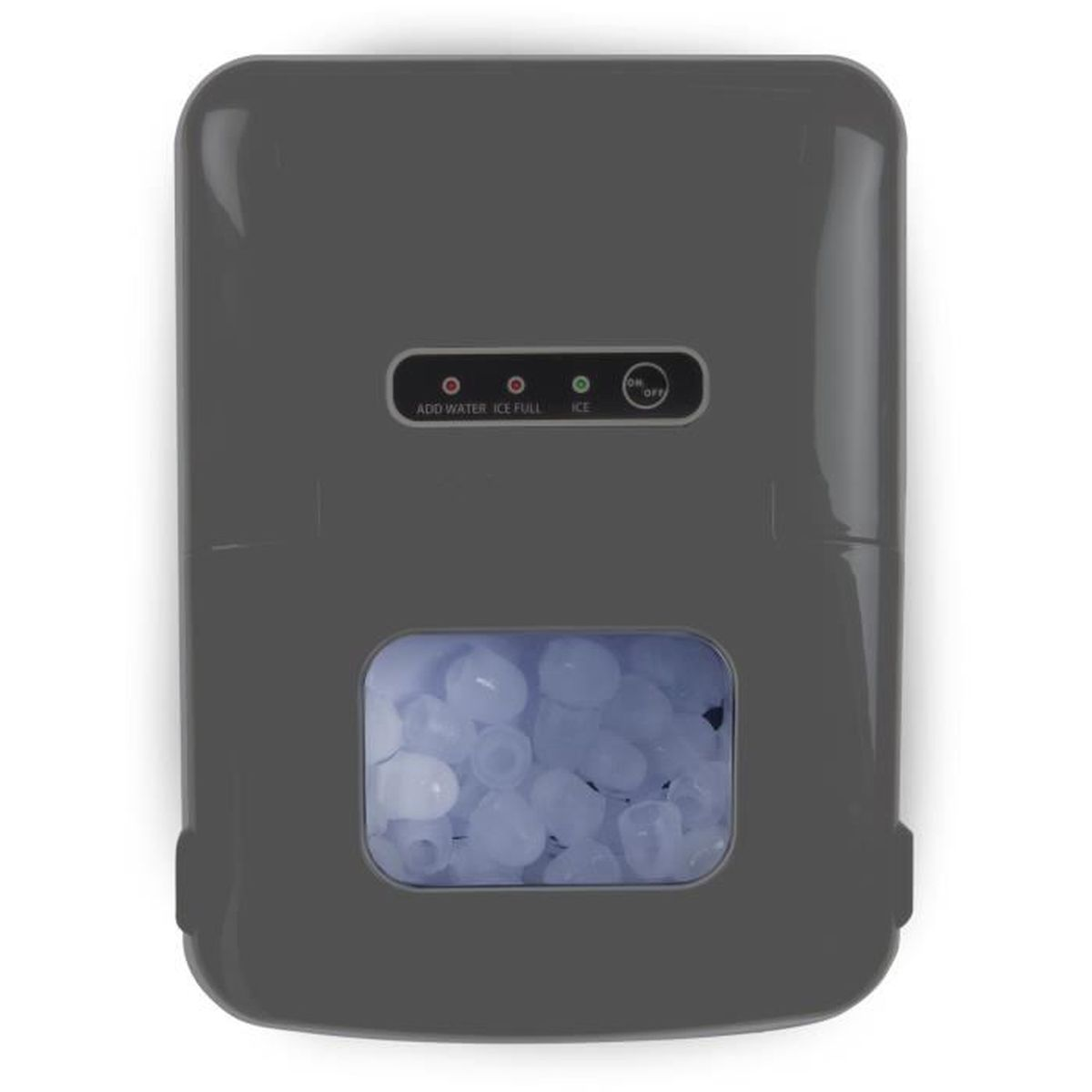 Une machine à glaçons grise avec un panneau de commande et une fenêtre remplie de glaçons.