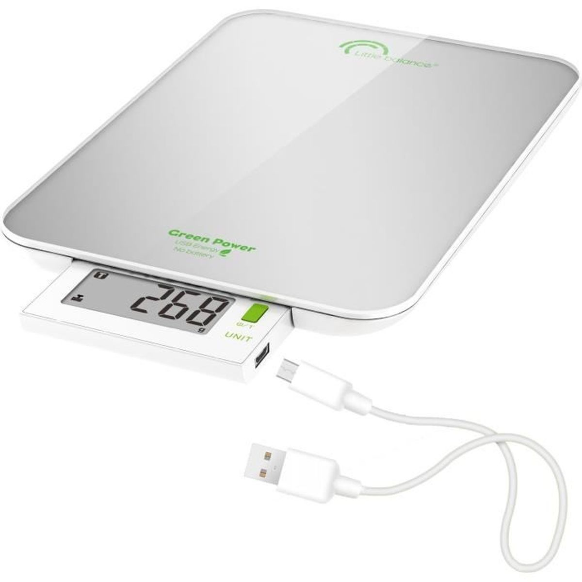 Eine weiße Küchenwaage mit digitalem Display zeigt 268 g an, daneben liegt ein USB-Ladekabel.