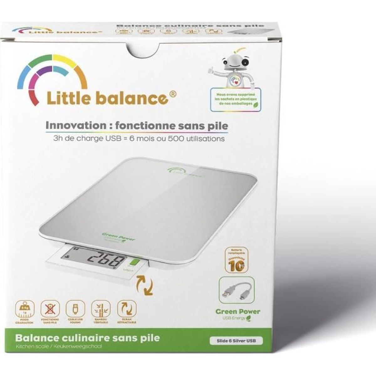 Verpackung einer Little Balance Küchenwaage mit USB-Ladefunktion und digitalem Display.