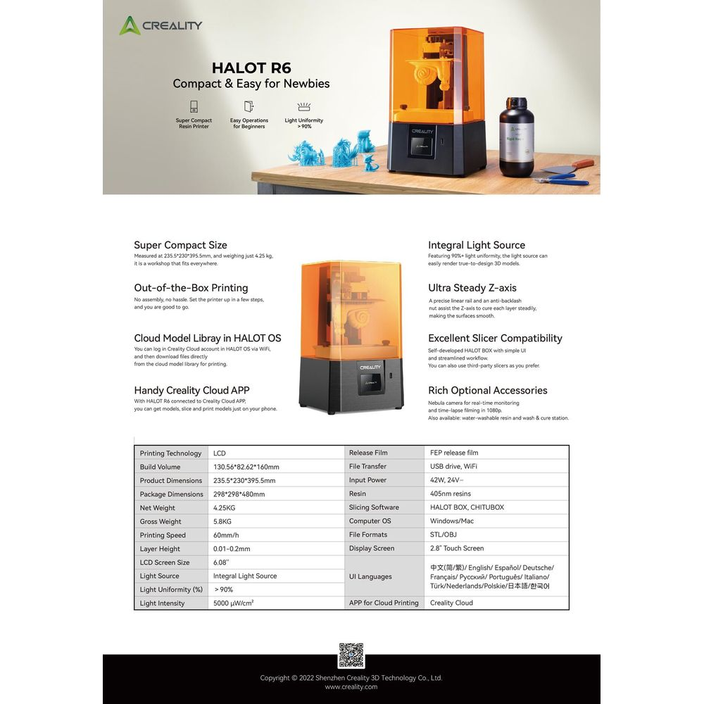 Pagina prodotto della stampante 3D Creality HALOT R6 con specifiche.