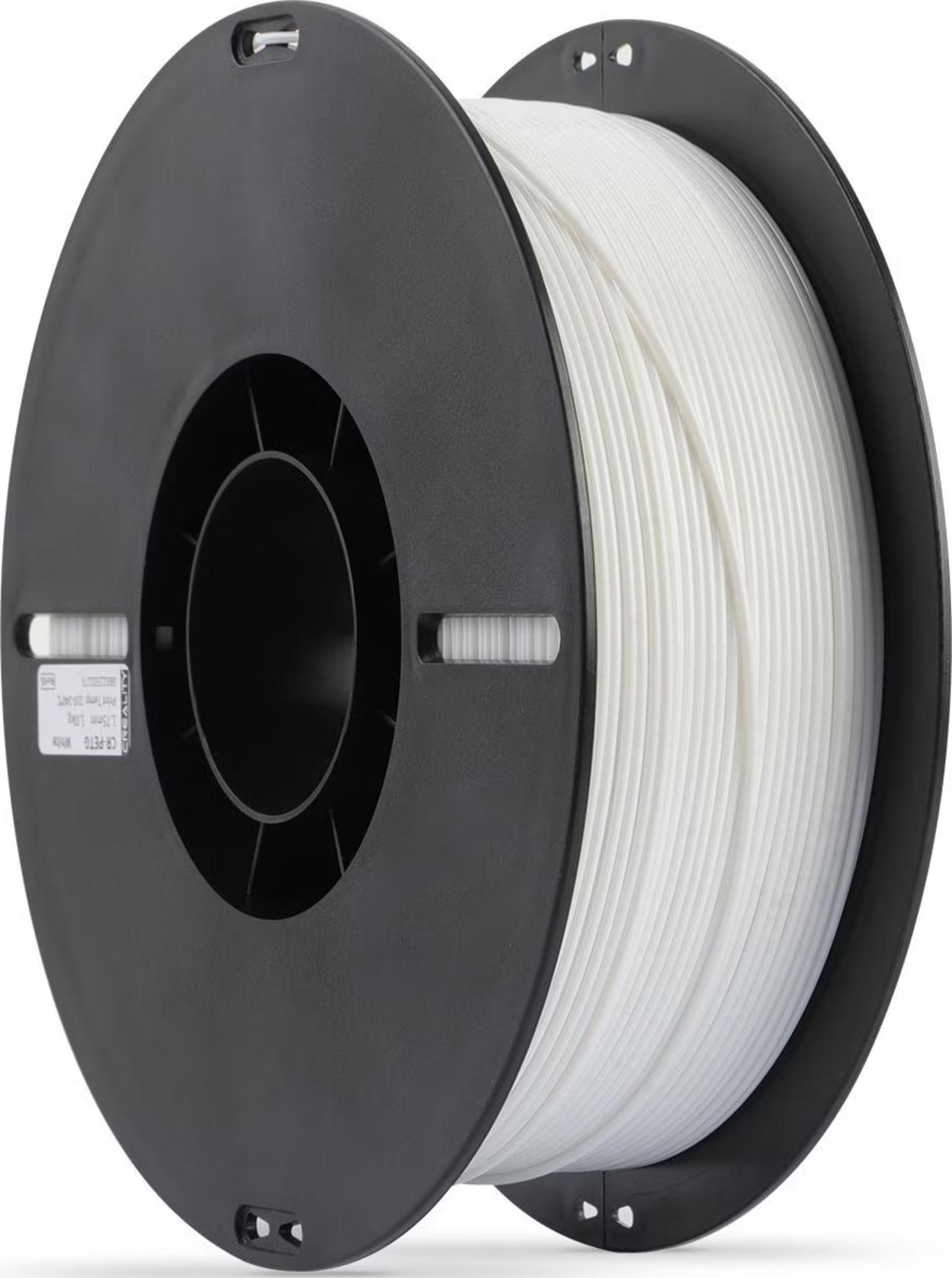 Una bobina nera di filamento bianco per stampante 3D su sfondo bianco.