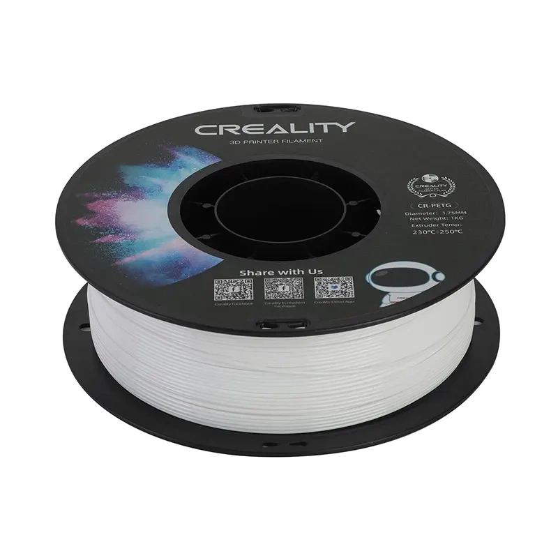 Una bobina di filamento per stampante 3D Creality nera con filamento PETG bianco.