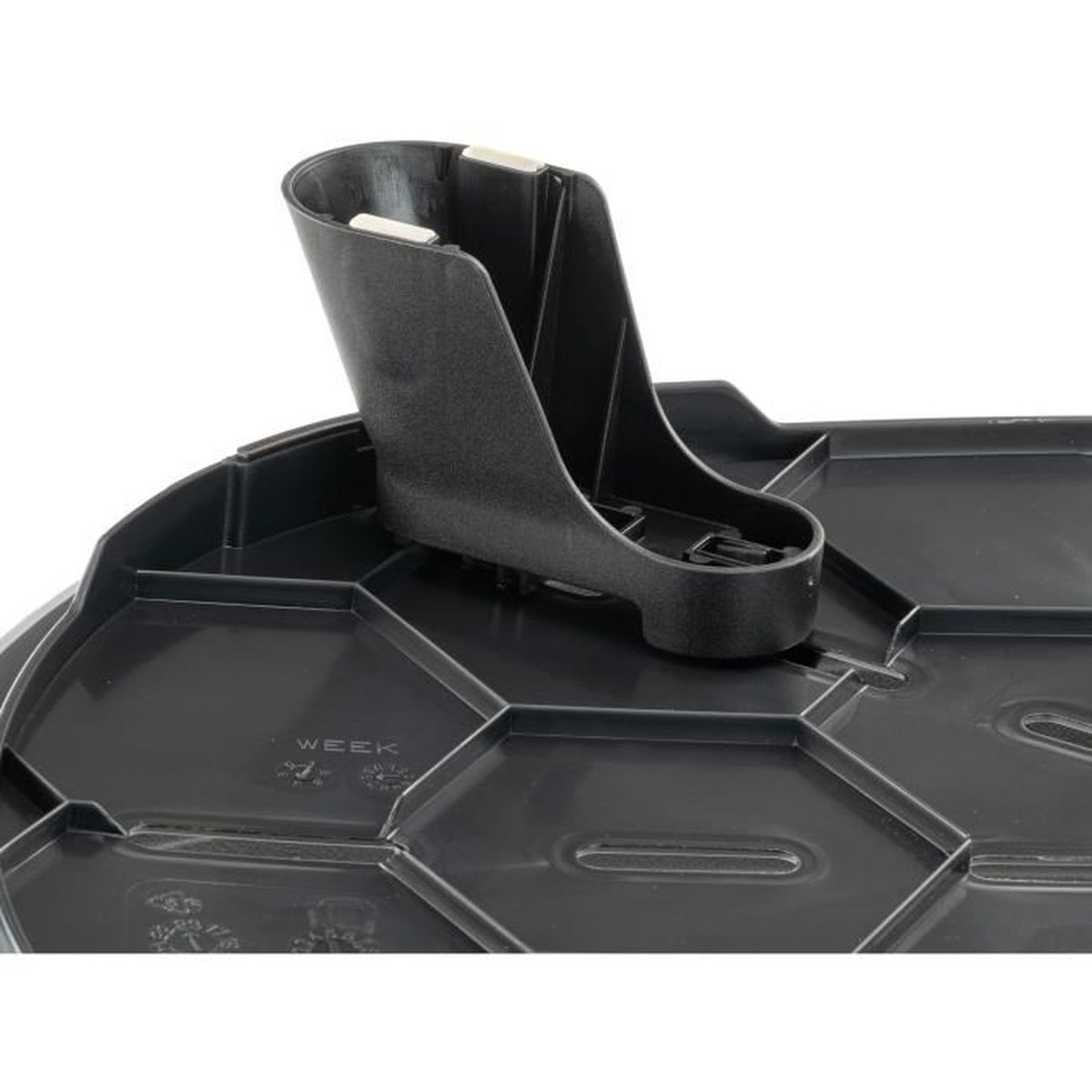 Ein schwarzer, modularer Kunststoffteil mit Halterungen auf einer strukturierten Basis.
