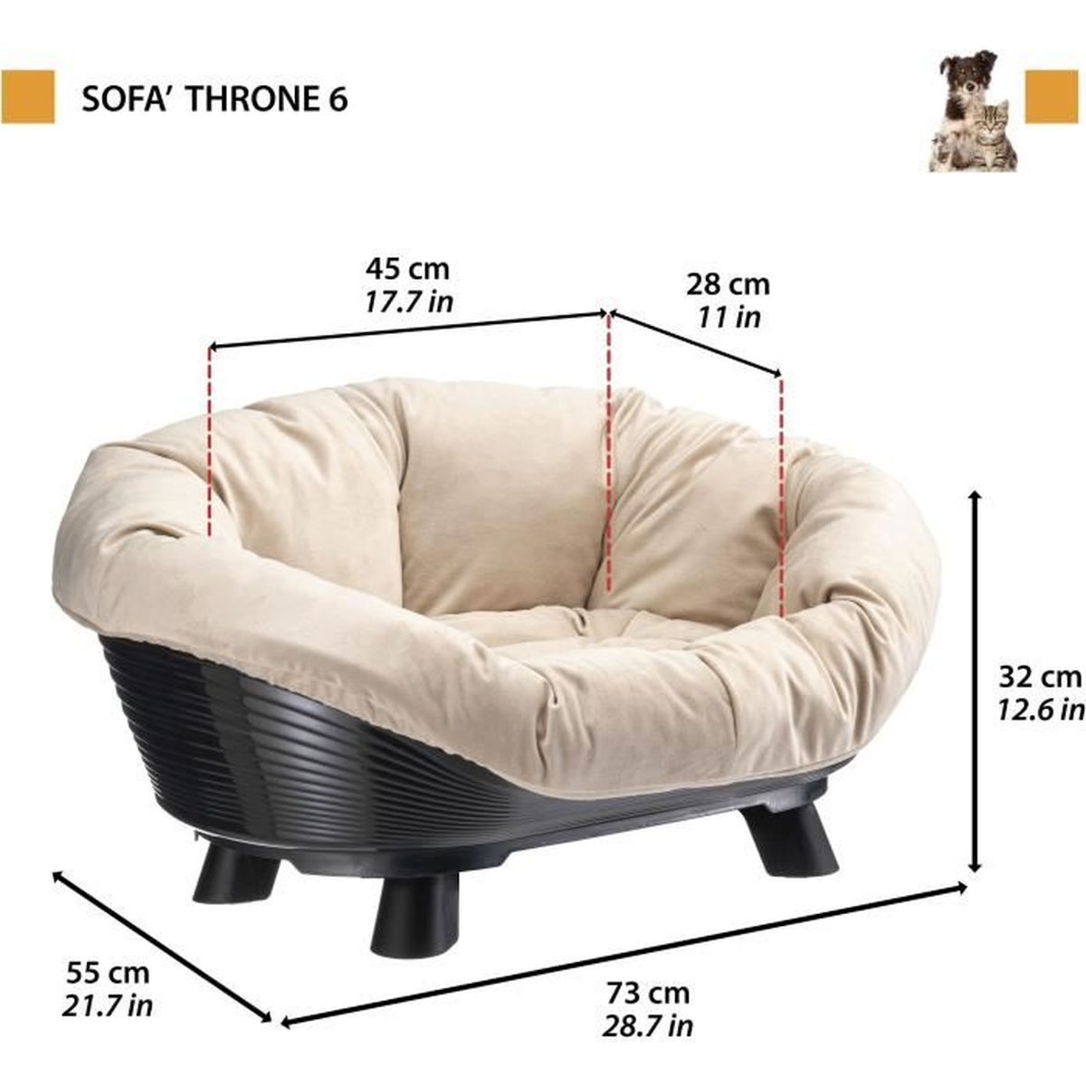 Diagramm eines beigen Haustiersofas mit schwarzen Beinen und Maßen in Zentimetern und Zoll.