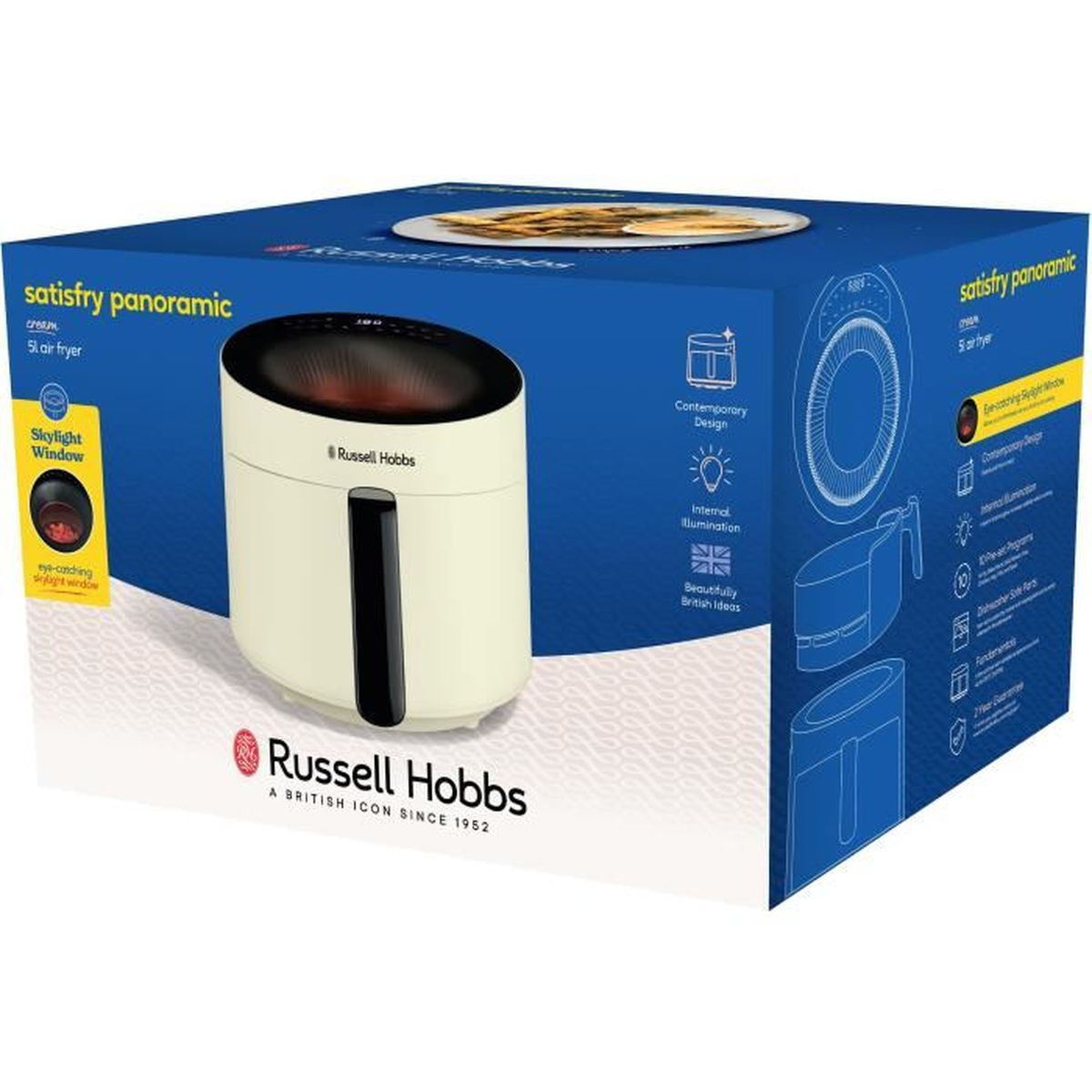 Caja de producto azul de la freidora de aire Russell Hobbs Satisfry Panoramic con imagen del aparato.