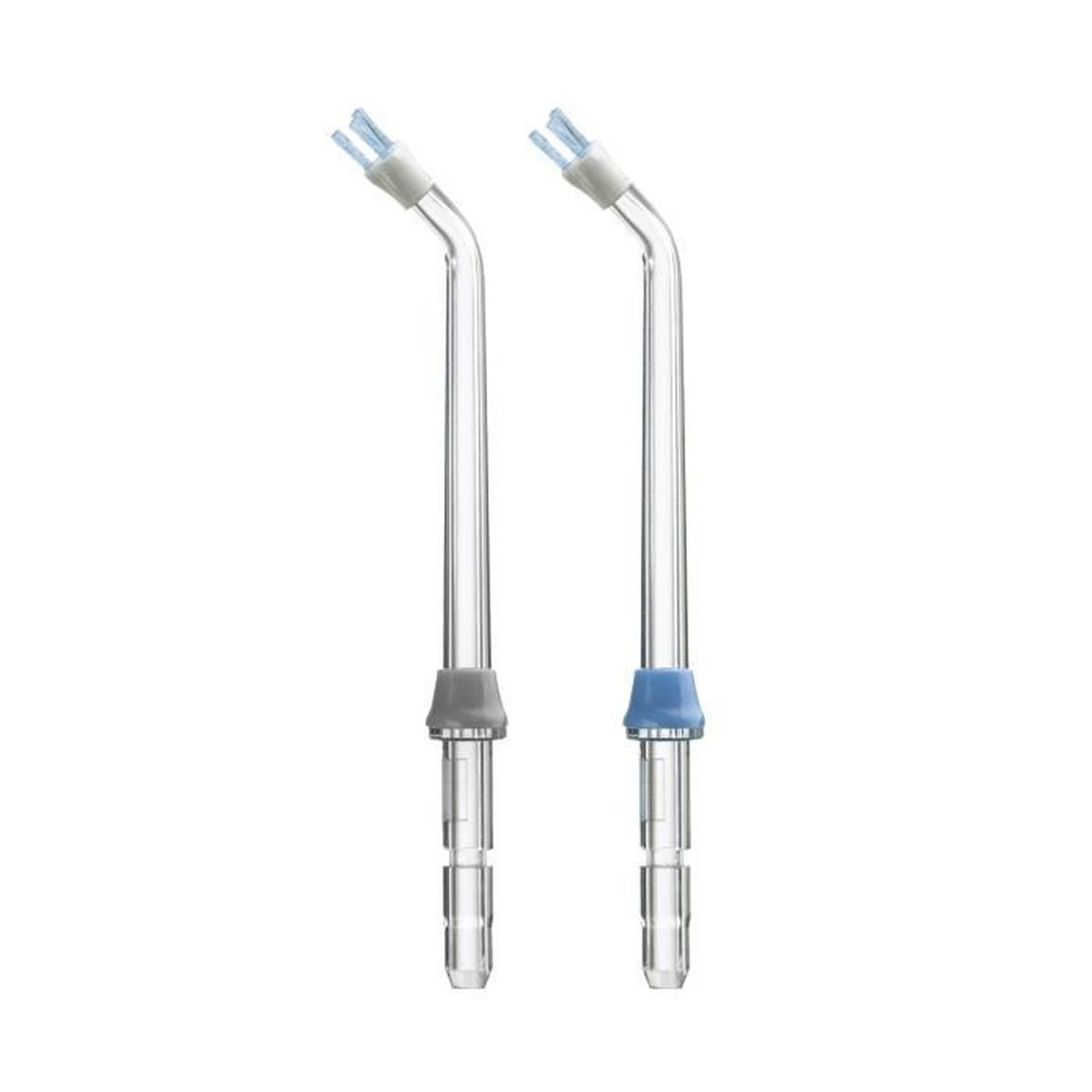 Due ugelli trasparenti per idropulsore con spazzolino, uno con anello grigio e uno blu.