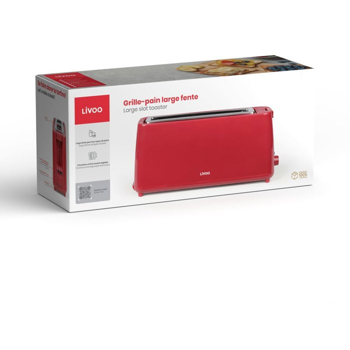 Eine weiße Produktverpackung zeigt einen langen roten Livoo-Toaster mit der Aufschrift Grille-pain large fente.