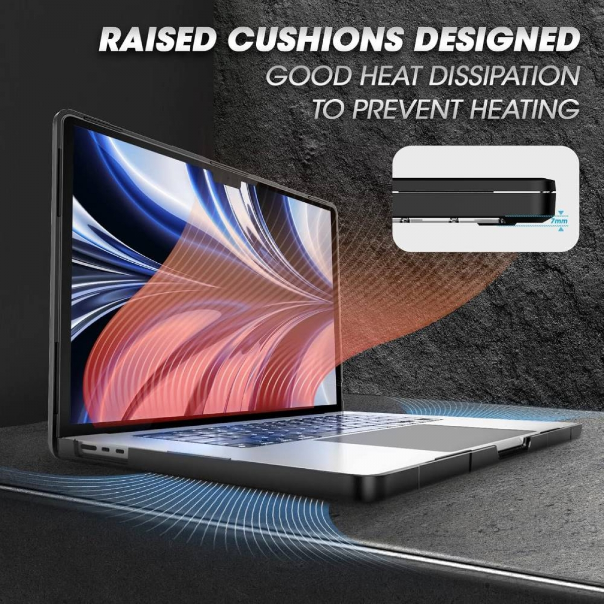 Laptop in schwarzer Schutzhülle mit erhöhten Kissen für Wärmeableitung und Kühlung.