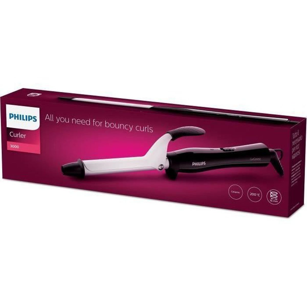 Una confezione rosa e bianca Philips Curler 3000 mostra il ferro arricciacapelli nero e bianco sul davanti.