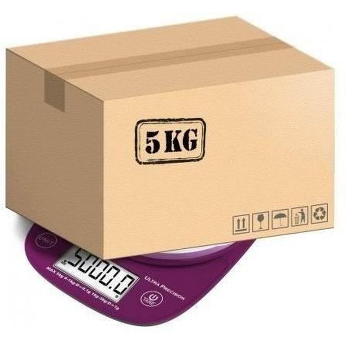 Ein 5 kg Karton auf einer lila digitalen Küchenwaage mit 5000.0g.