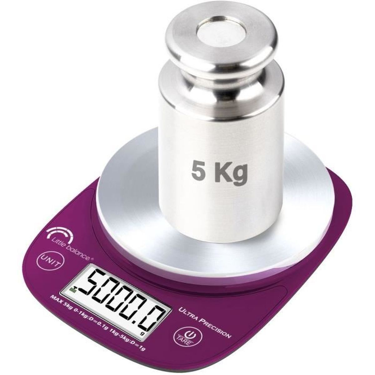 Eine violette digitale Küchenwaage mit einer Silberpult und einem 5 kg schweren Kalibriergewicht.