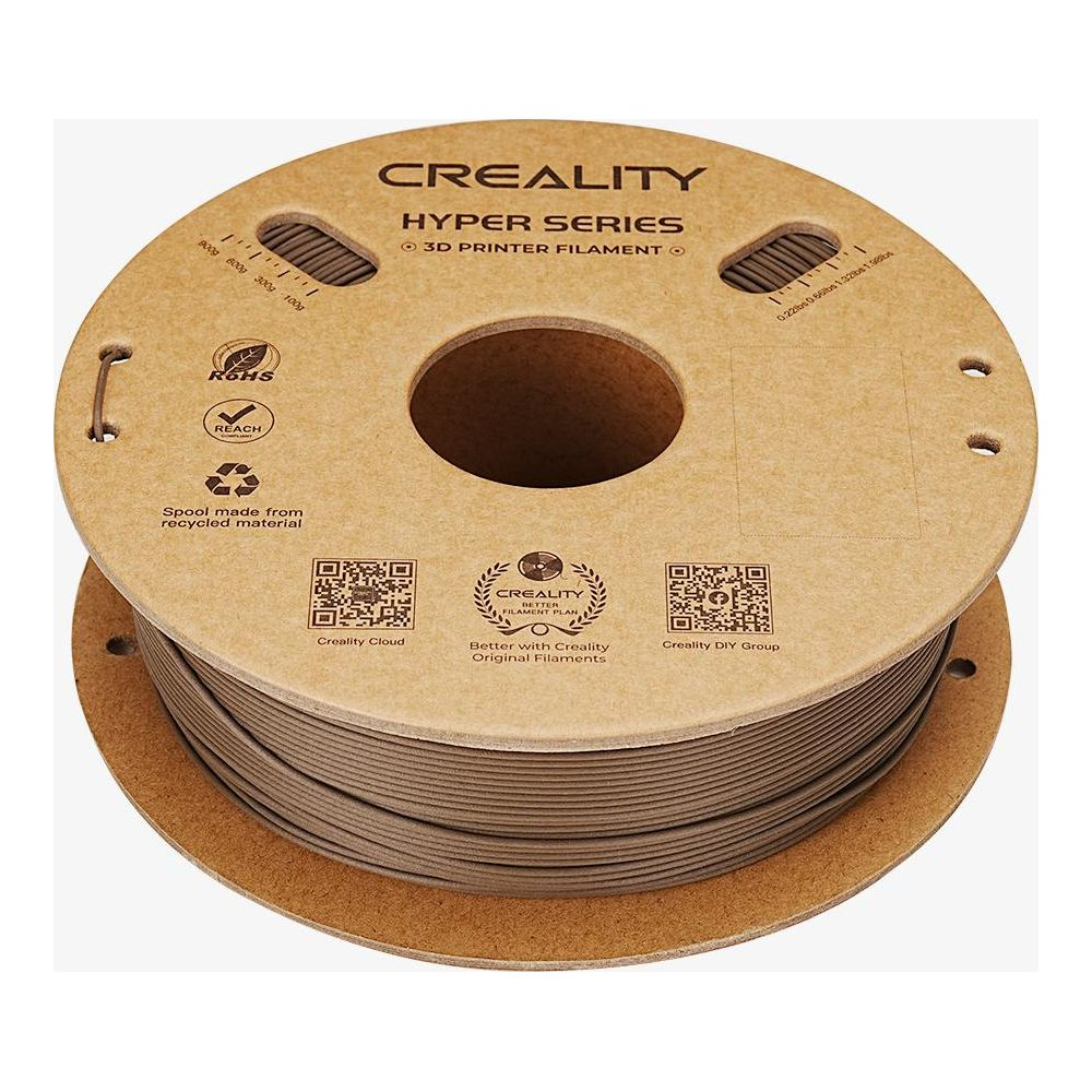 Una bobina di filamento per stampante 3D Creality Hyper Series marrone su sfondo bianco.
