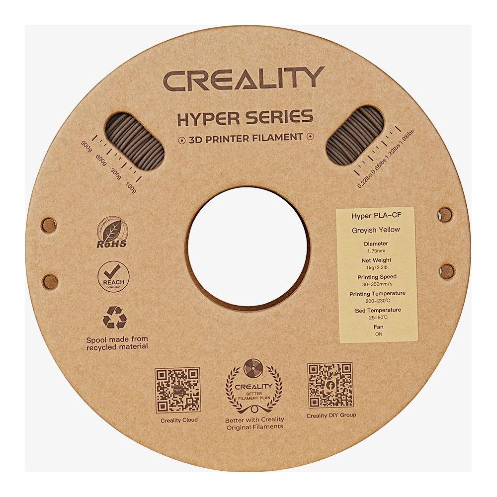 Una bobina di filamento per stampante 3D rotonda in cartone marrone Creality Hyper Series con dettagli tecnici.
