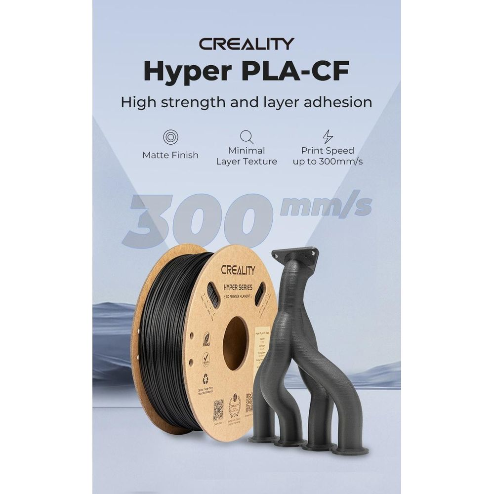 Bobina di filamento per stampante 3D Creality Hyper PLA-CF con collettore di scarico nero stampato in 3D su sfondo blu.