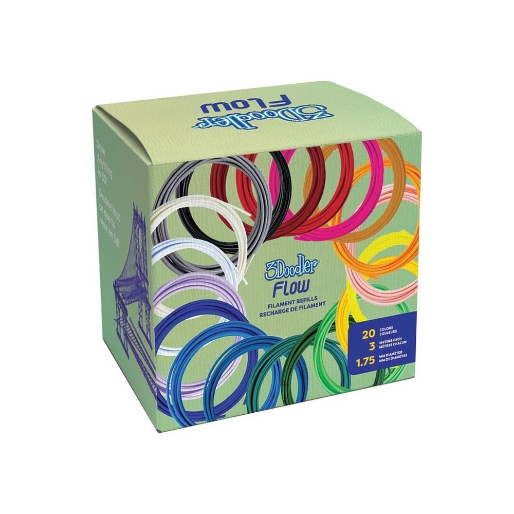 Una scatola verde che mostra colorate ricariche di filamento 3D Doodler in vari colori.