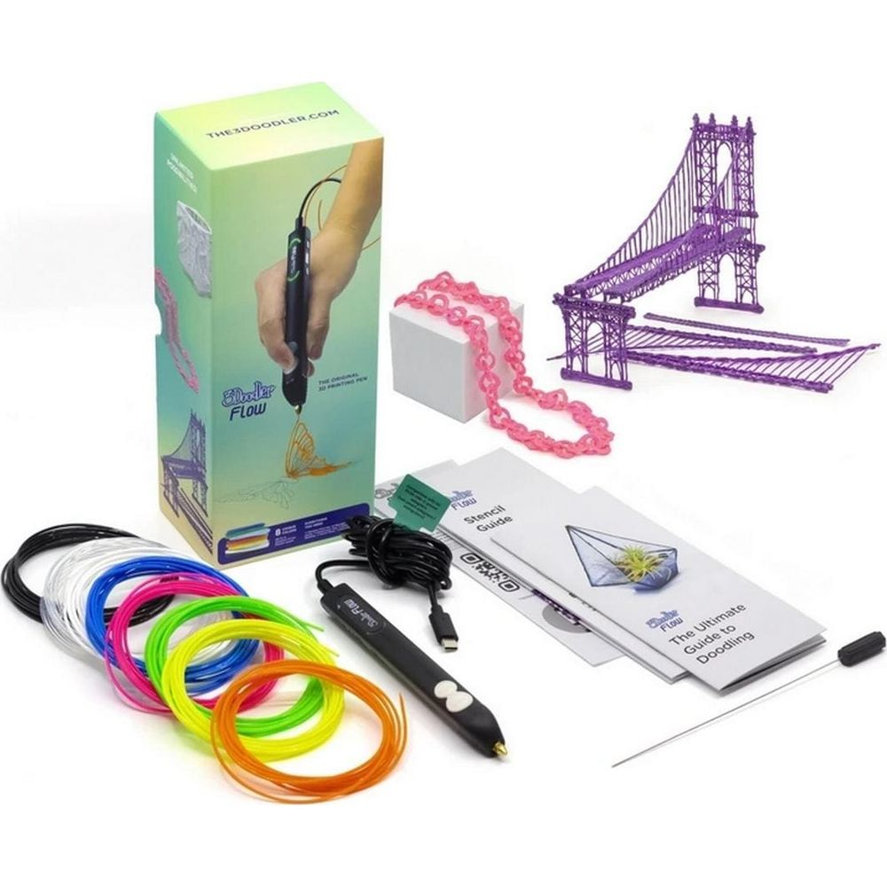 Kit penna stampa 3D con scatola verde, filamenti colorati, guide e un ponte viola.