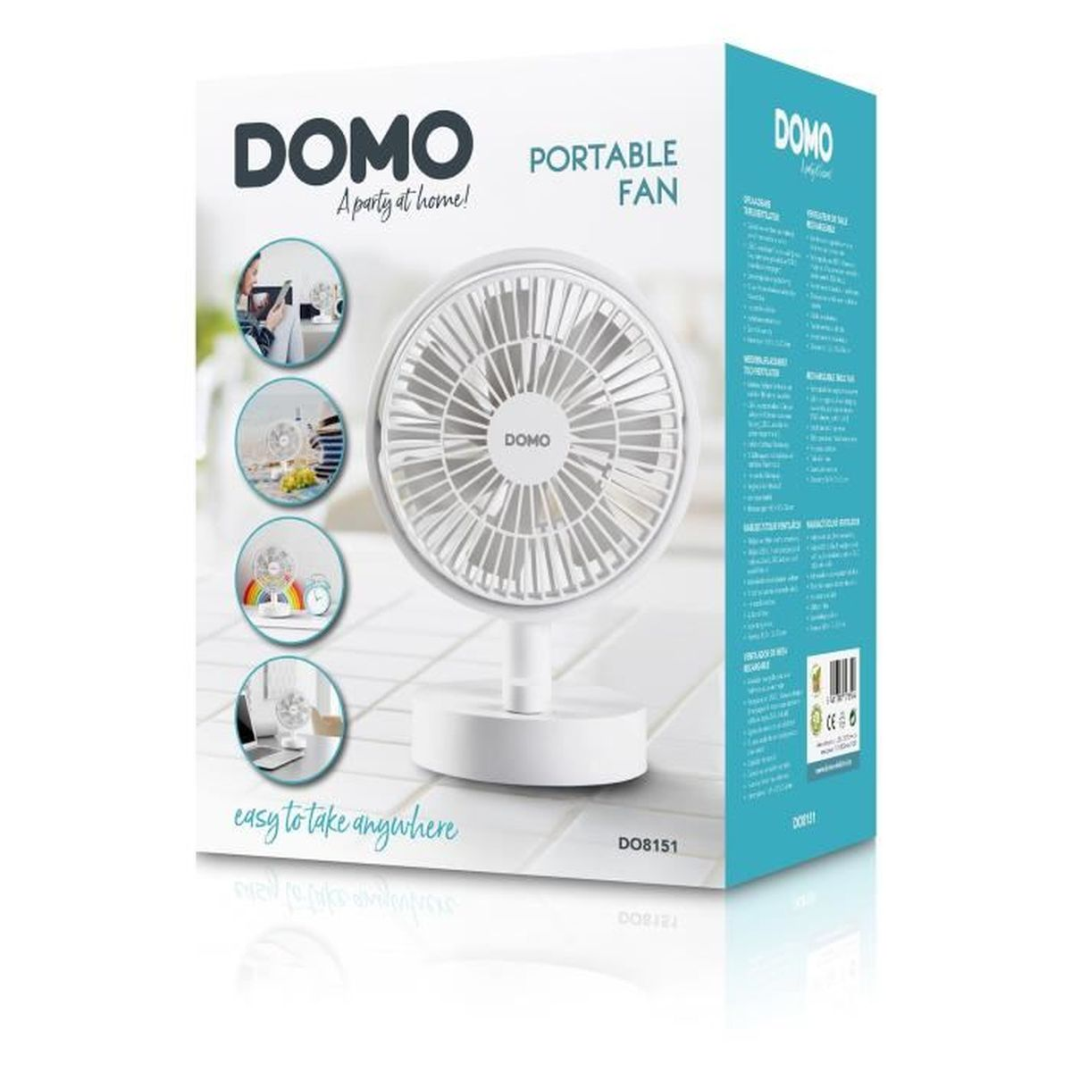 Una scatola di ventilatore da tavolo portatile DOMO bianca con foto e testo.