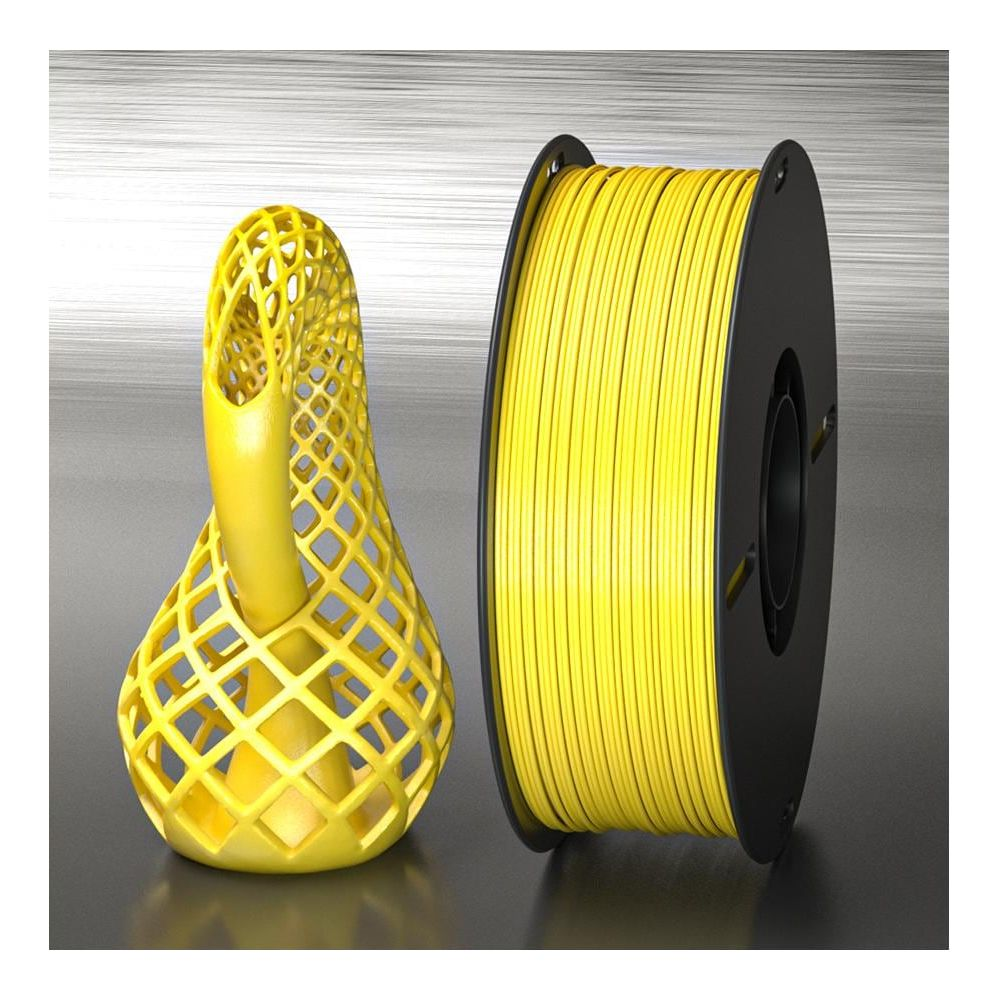Un objeto impreso en 3D amarillo con celosía y una bobina de filamento amarillo sobre fondo gris.