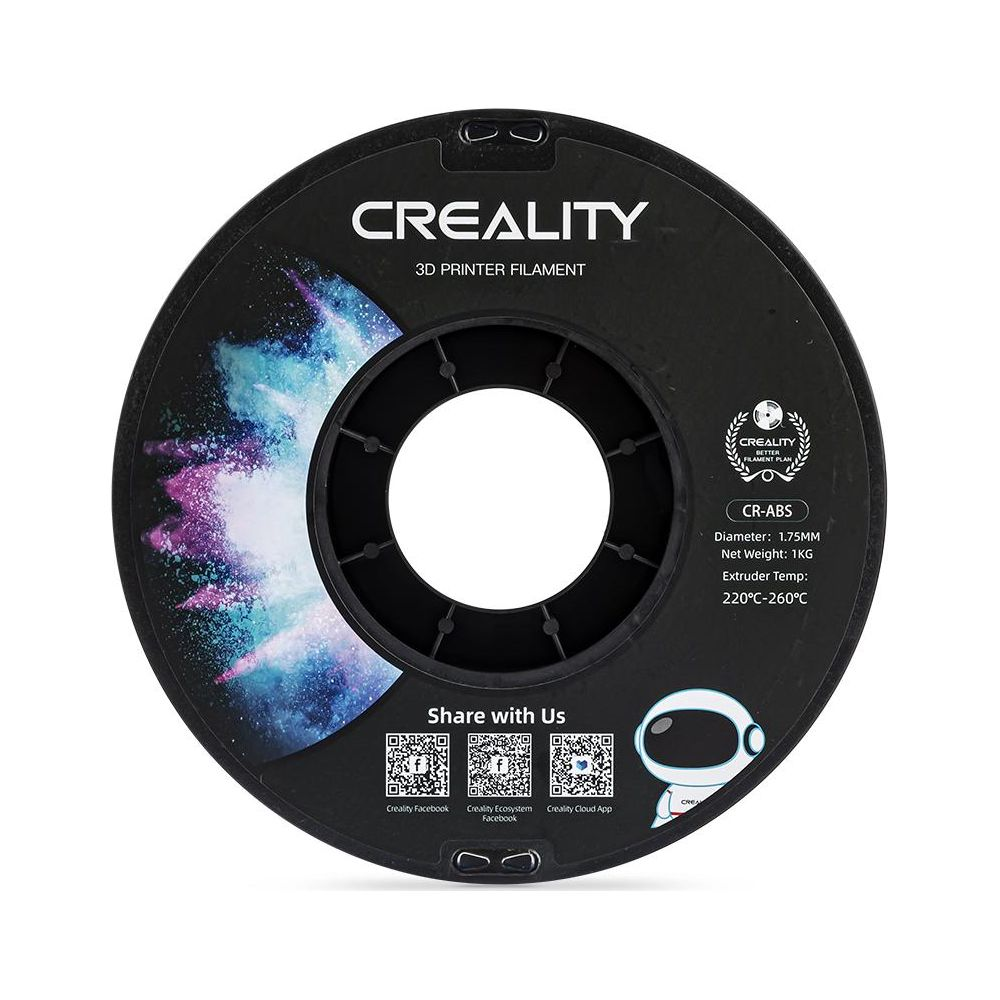 Carrete de filamento para impresora 3D Creality negro con detalles gráficos coloridos y especificaciones.