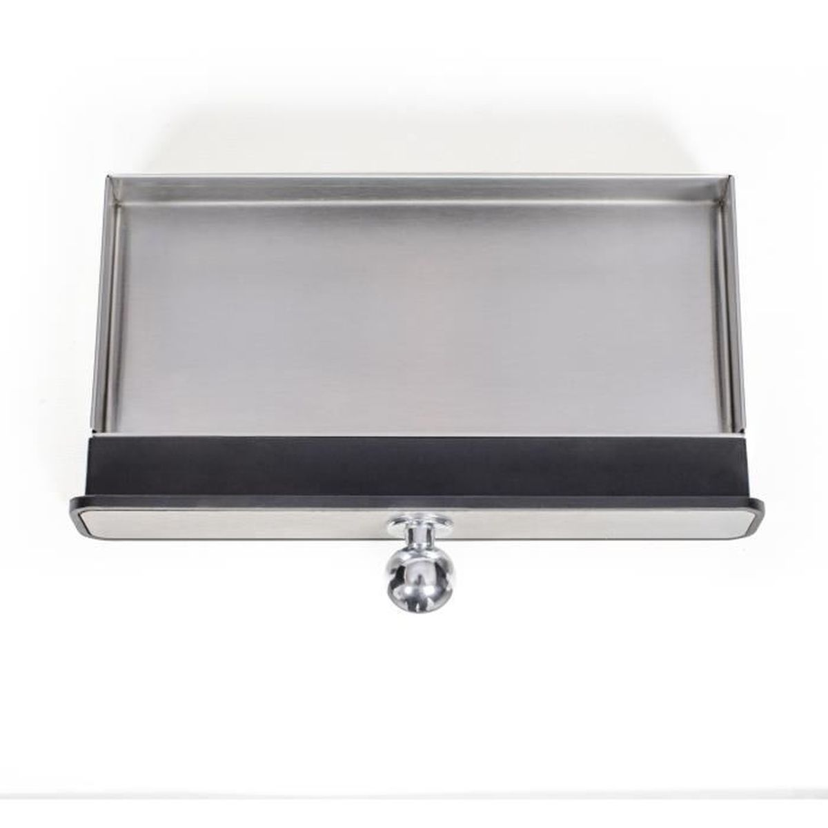 Un cassetto rettangolare in acciaio inox con pannello frontale nero e pomello cromato, visto dall'alto.