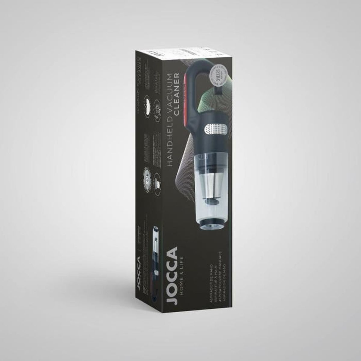 Produktverpackung eines schwarzen Jocca Handstaubaugers auf hellem Hintergrund.