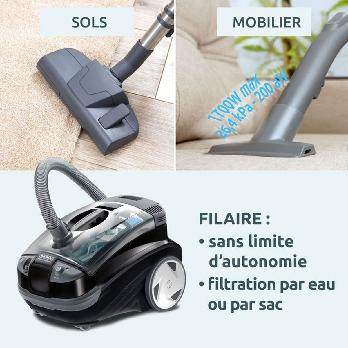 Un aspirapolvere con accessori per pavimenti e mobili, insieme a testo in francese.
